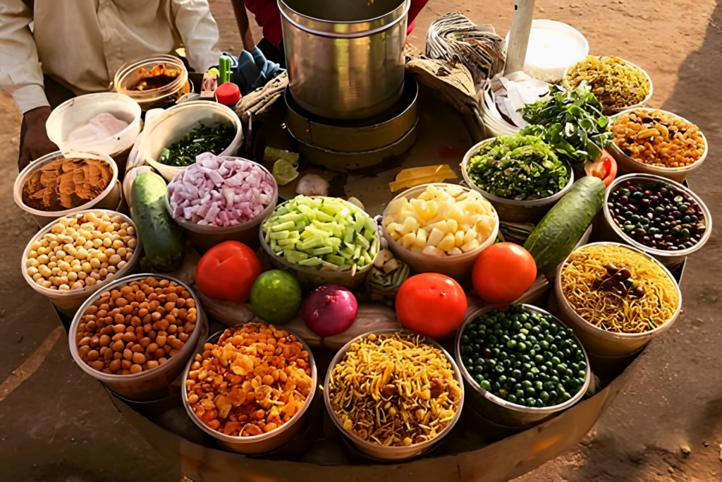 A vendor mixing puffed rice and spices to prepare jhalmuri.