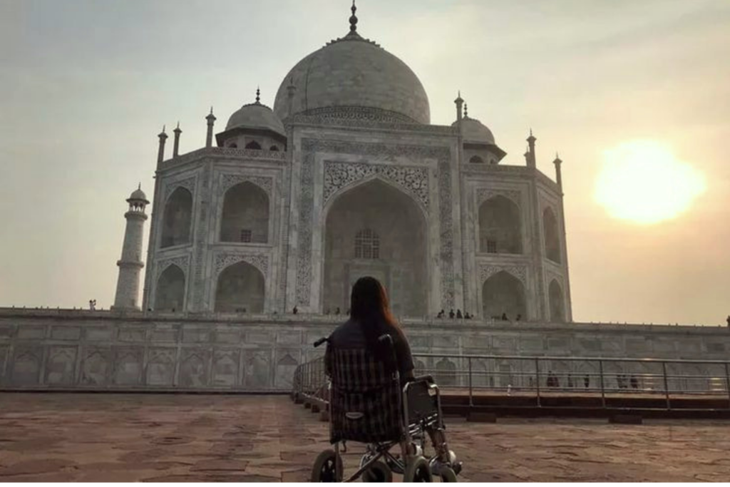 A wheelchair user visiting the Taj Mahal in Agra.
