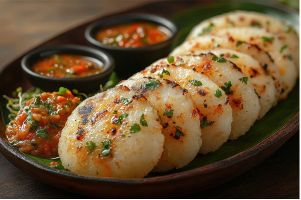 idli served with chutney and sambar.