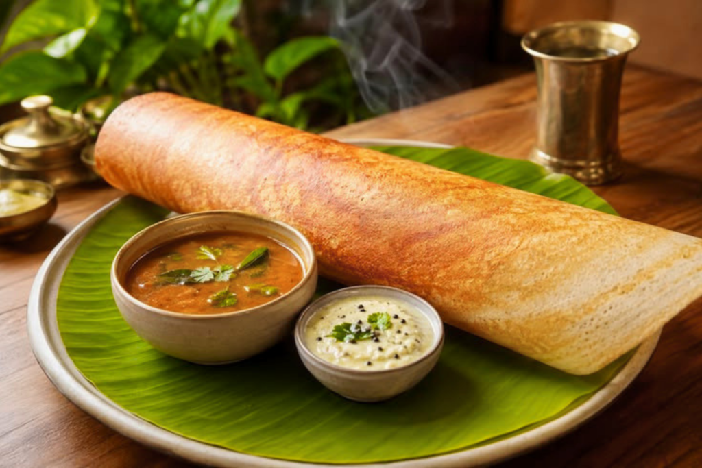 Masala dosa served with coconut chutney and sambar.